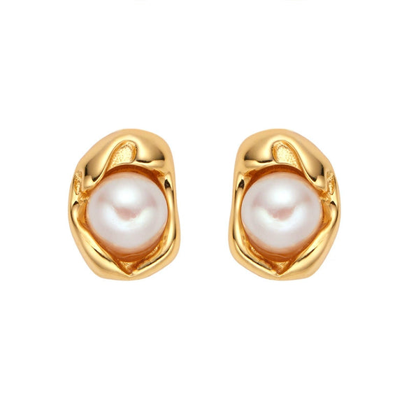 Wholesale Women's S925 Sterling Silver Natural Freshwater Pearl Geometric U Shaped Earrings Plated 18K Real Gold