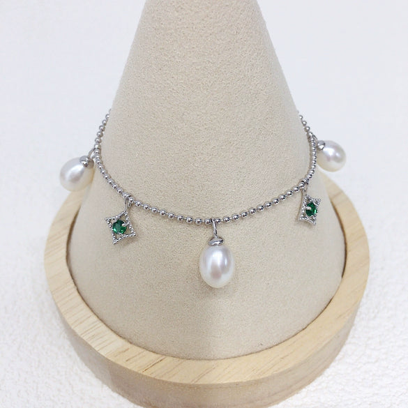 Wholesale Women's S925 Sterling Silver Natural Freshwater Seedless Pearl Bracelet In Rice And Water Drop Shapes
