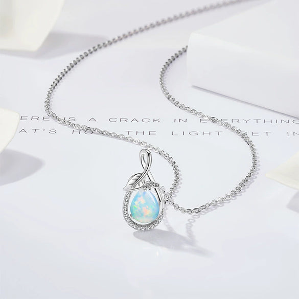 Wholesale Women's S925 Sterling Silver Natural Opal Minimalist Geometric Drop Shape Necklace Set With Zirconia