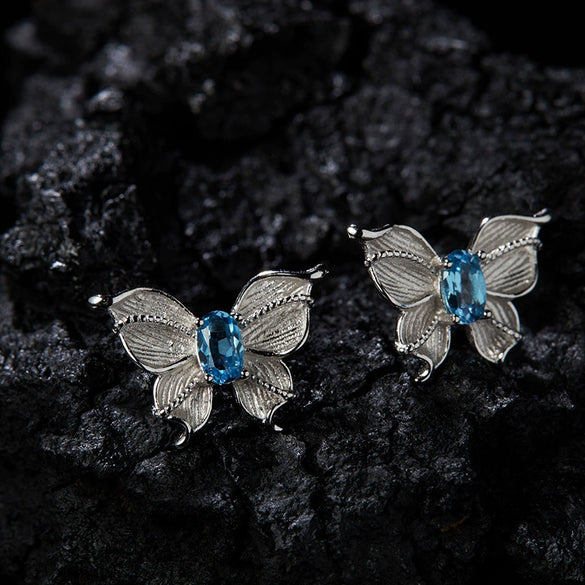Wholesale Women's S925 Sterling Silver Natural Topaz Color Double Three Dimensional Butterfly Design Ring Set With Gems