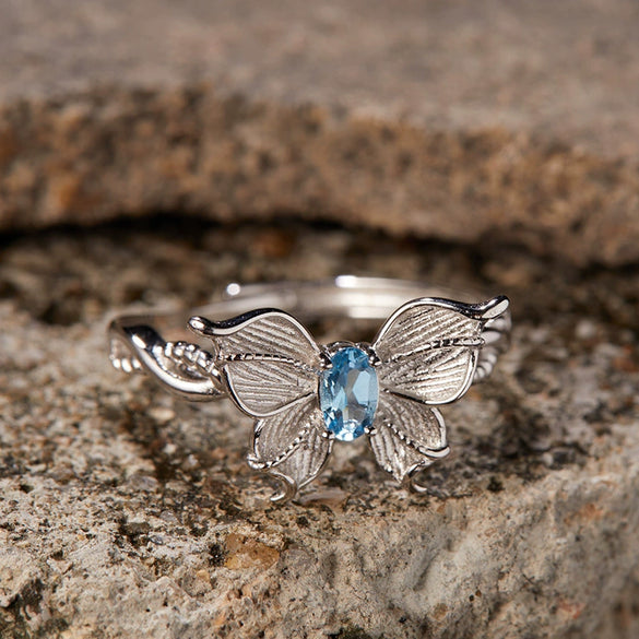Wholesale Women's S925 Sterling Silver Natural Topaz Color Double Three Dimensional Butterfly Design Ring Set With Gems