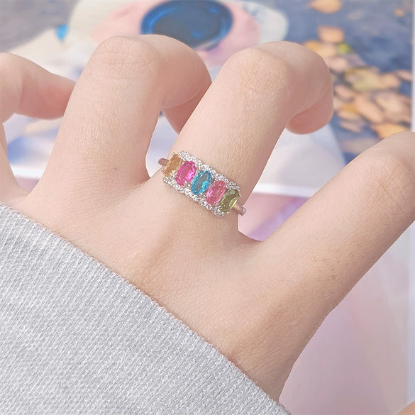 Wholesale Women's S925 Sterling Silver Natural Tourmaline Colored Gemstone Geometric Ring Sweet Style