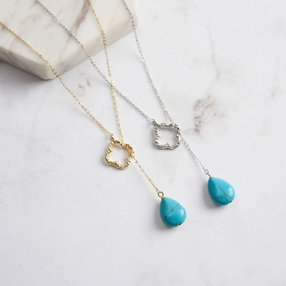Wholesale Women's S925 Sterling Silver Natural Water Drop Turquoise Geometric Personality Necklace With Electroplating