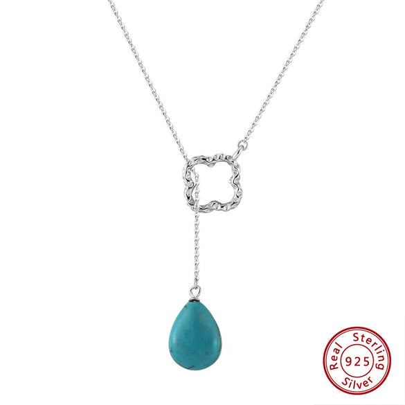 Wholesale Women's S925 Sterling Silver Natural Water Drop Turquoise Geometric Personality Necklace With Electroplating