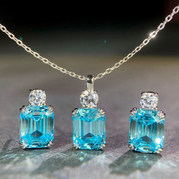 Wholesale Women's S925 Sterling Silver Necklace With Aquamarine Zircon And High Carbon Diamond Geometric Style Emerald Cut Pendant Ochain Electroplated