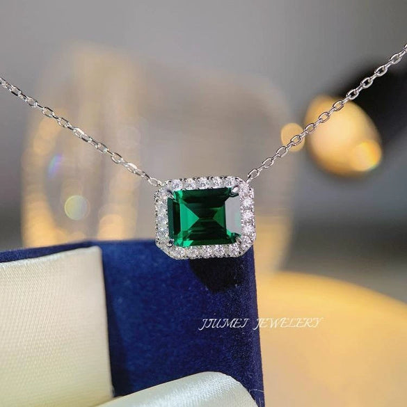 Wholesale Women's S925 Sterling Silver Necklace With Emerald Cut Colored Gemstone Square Full Diamond And Geometric Style