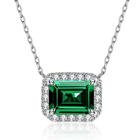 Wholesale Women's S925 Sterling Silver Necklace With Emerald Cut Colored Gemstone Square Full Diamond And Geometric Style