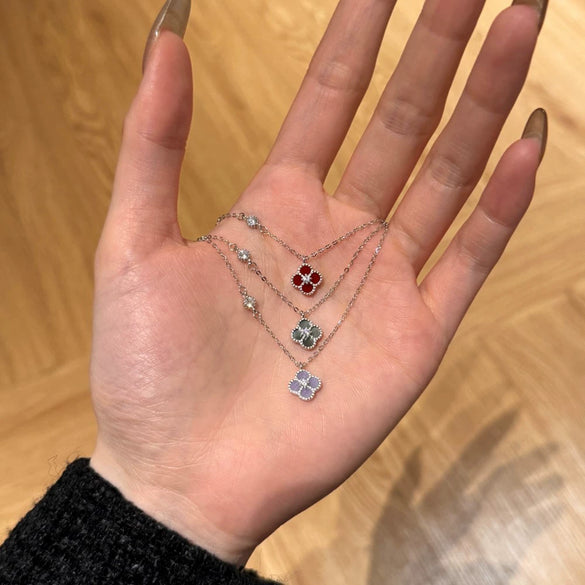 Wholesale Women's S925 Sterling Silver Necklace With Mixed Gemstone Inlay Four Leaf Clover Pendant Electroplated Cross Chain Style
