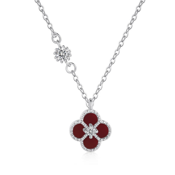 Wholesale Women's S925 Sterling Silver Necklace With Mixed Gemstone Inlay Four Leaf Clover Pendant Electroplated Cross Chain Style