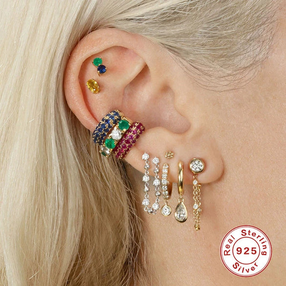 Wholesale Women's S925 Sterling Silver Nonmainstream Ear Buckle Ear Clip With Multidiamond And Geometric Rainbow Moon Glosse Design Electroplated