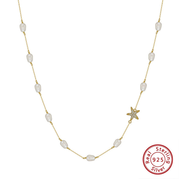 Wholesale Women's S925 Sterling Silver Pearl Chain Necklace With Starfish Pendant Geometric Design Electroplated