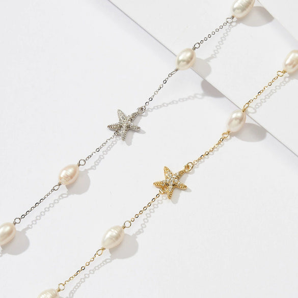 Wholesale Women's S925 Sterling Silver Pearl Chain Necklace With Starfish Pendant Geometric Design Electroplated