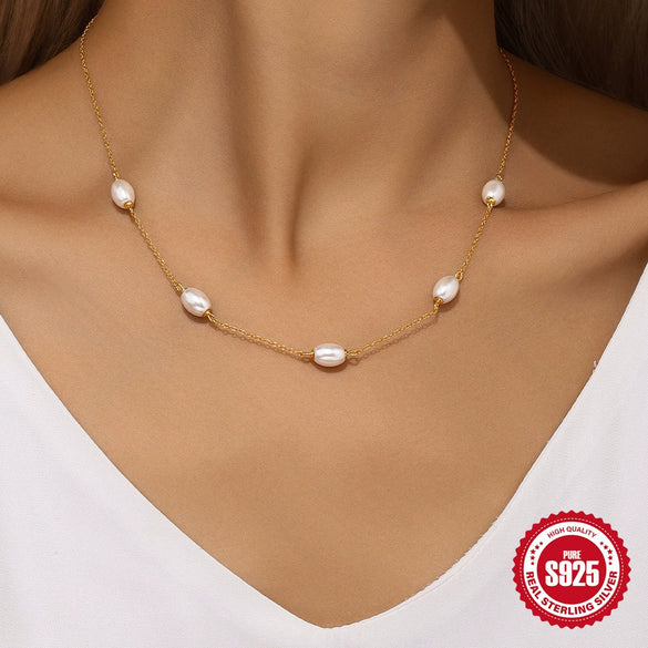 Wholesale Women's S925 Sterling Silver Pearl Ochain Necklace With Geometric Design And Electroplating Treatment