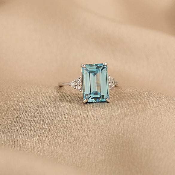 Wholesale Women's S925 Sterling Silver Rectangular Sea Blue Zircon Diamond Ring Geometric Style Electroplated
