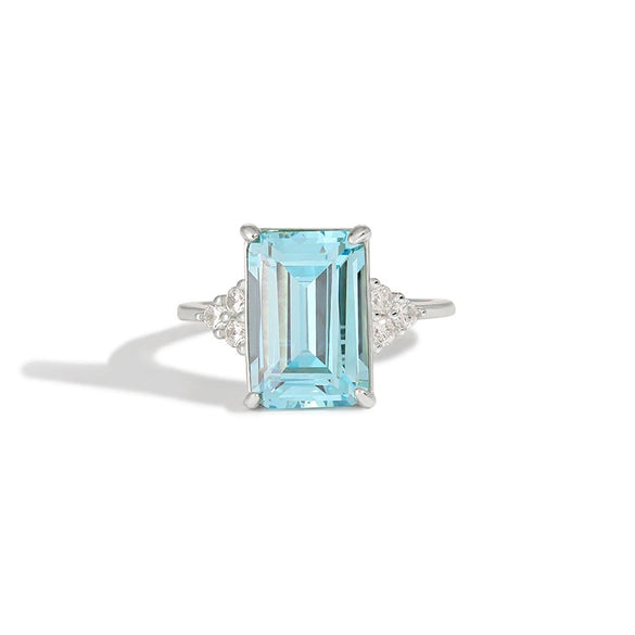 Wholesale Women's S925 Sterling Silver Rectangular Sea Blue Zircon Diamond Ring Geometric Style Electroplated