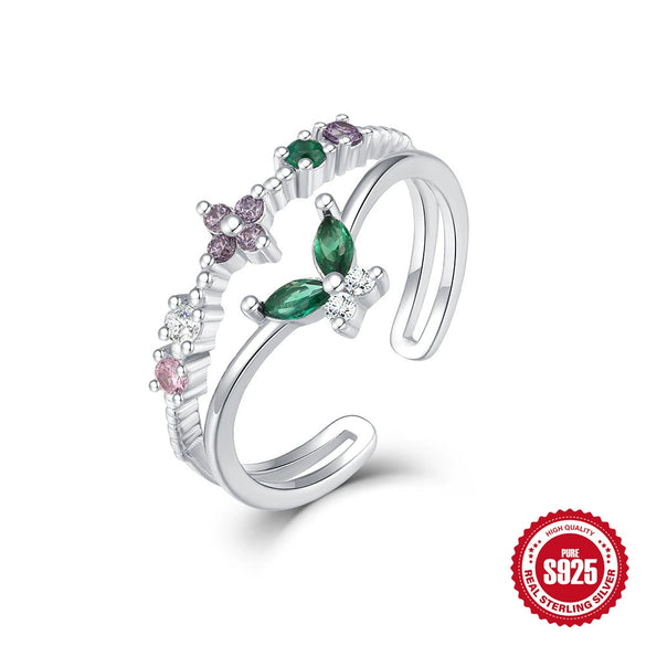 Wholesale Women's S925 Sterling Silver Ring With Colorful Zircon Inlaid Flower Design Opening Adjustable Electroplated
