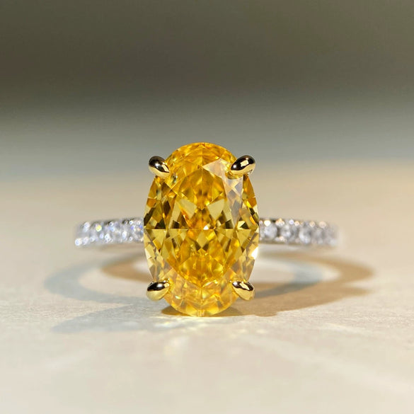 Wholesale Women's S925 Sterling Silver Ring With Geometric Pattern Ice Flower Cut High Carbon Diamond Yellow Diamond Fourprong Zircon Electroplated