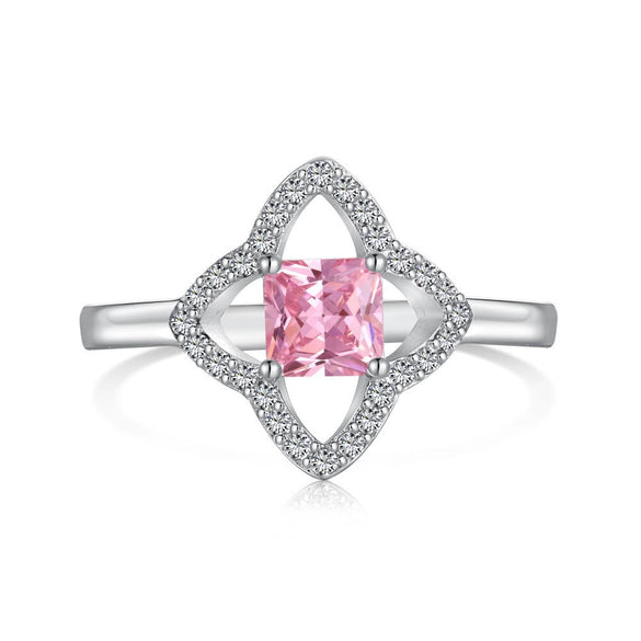 Wholesale Women's S925 Sterling Silver Ring With Geometric Pattern Pink Four Leaf Clover And Water Droplets Electroplated