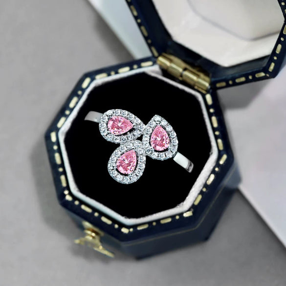 Wholesale Women's S925 Sterling Silver Ring With Geometric Pattern Pink Four Leaf Clover And Water Droplets Electroplated