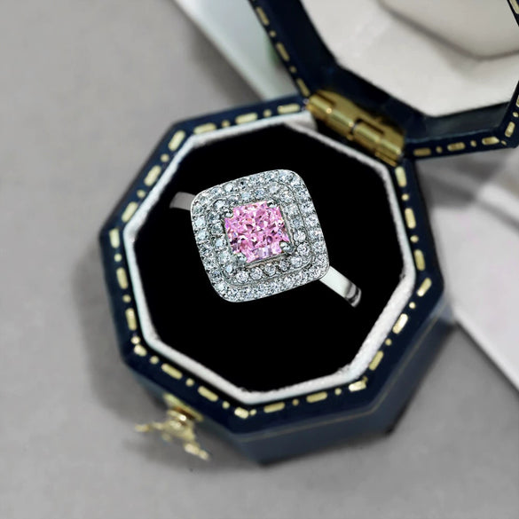 Wholesale Women's S925 Sterling Silver Ring With Geometric Pattern Pink Four Leaf Clover And Water Droplets Electroplated