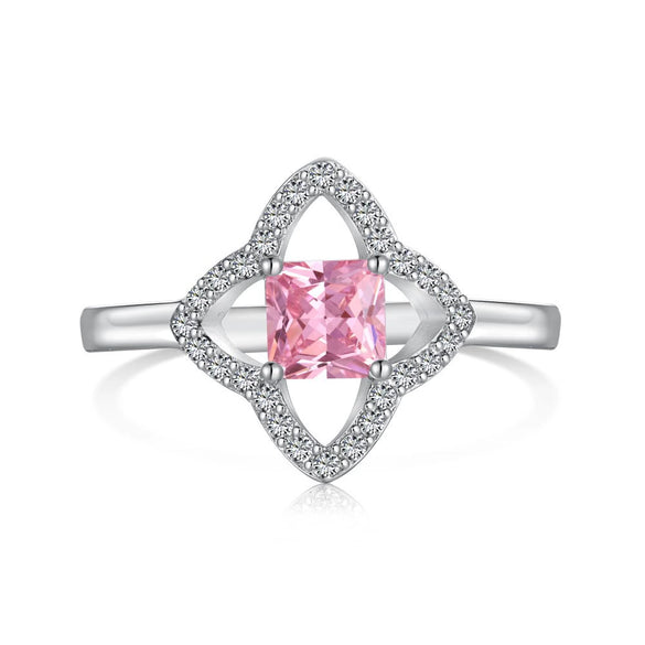 Wholesale Women's S925 Sterling Silver Ring With Pink Clover Water Drop And Geometric Patterns Electroplated