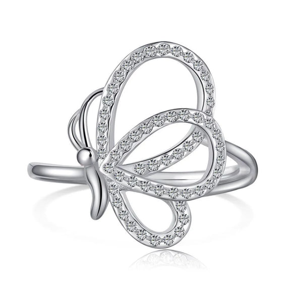 Wholesale Women's S925 Sterling Silver Ring With Zircon Inlaid Butterfly And Clover Letter Design Light Luxury Geometric Style Electroplated