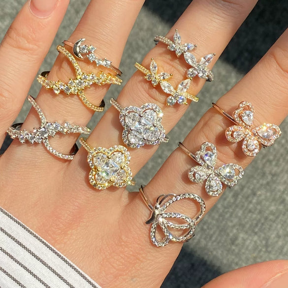 Wholesale Women's S925 Sterling Silver Ring With Zircon Inlaid Butterfly And Clover Letter Design Light Luxury Geometric Style Electroplated