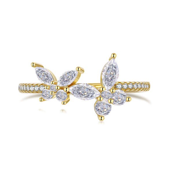 Wholesale Women's S925 Sterling Silver Ring With Zircon Inlaid Butterfly And Clover Letter Design Light Luxury Geometric Style Electroplated
