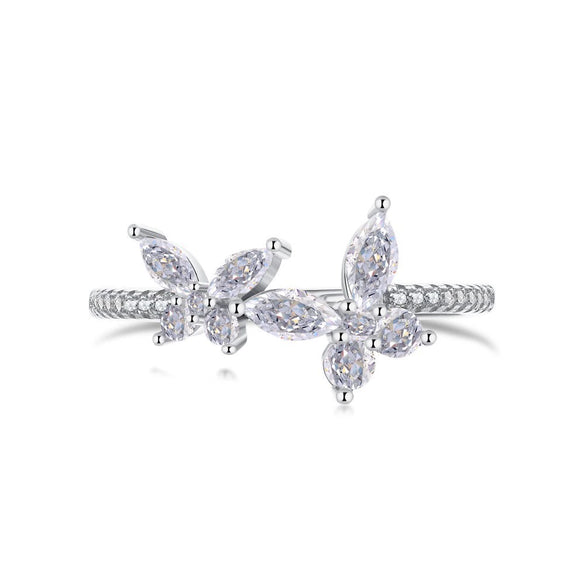 Wholesale Women's S925 Sterling Silver Ring With Zircon Inlaid Butterfly And Clover Letter Design Light Luxury Geometric Style Electroplated