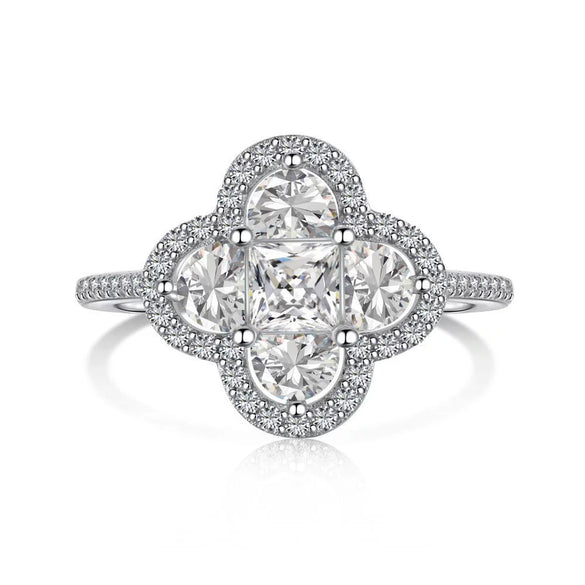 Wholesale Women's S925 Sterling Silver Ring With Zircon Inlaid Geometric Four Leaf Clover Design Light Luxury Style Electroplated