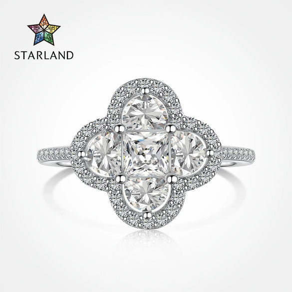 Wholesale Women's S925 Sterling Silver Ring With Zircon Inlaid Geometric Four Leaf Clover Design Light Luxury Style Electroplated