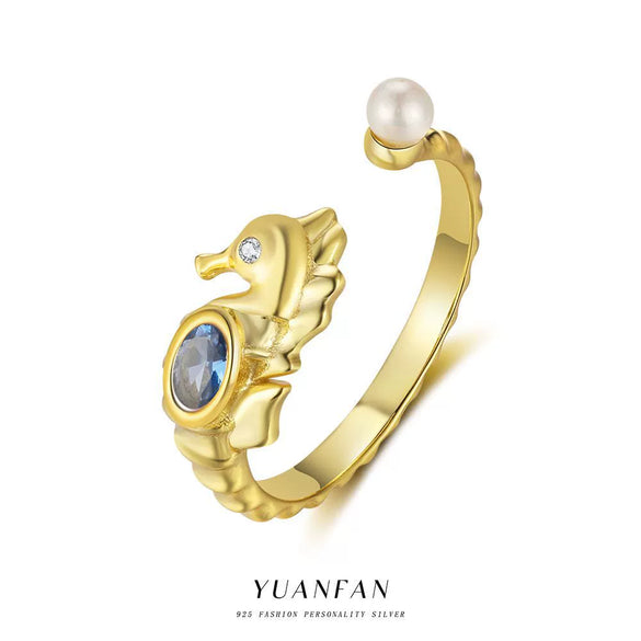 Wholesale Women's S925 Sterling Silver Seahorse Inlaid Zircon Ring With U Shaped Pattern And Electroplating Technology