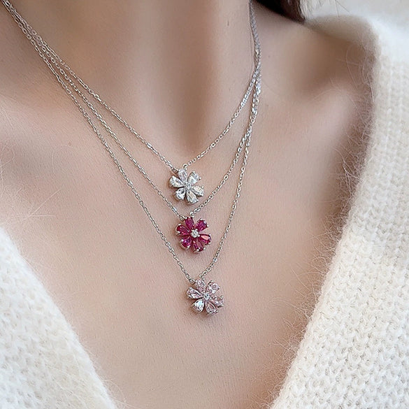 Wholesale Women's S925 Sterling Silver Sixpetal Flower Pendant Necklace With Electroplating And Cross Chain