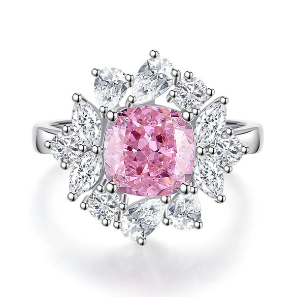 Wholesale Women's S925 Sterling Silver Square Geometric Ring With High Carbon Diamond Ice Flower Cut