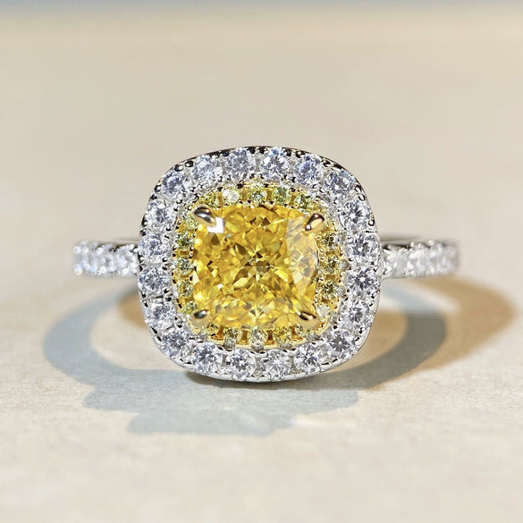 Wholesale Women's S925 Sterling Silver Square Geometric Ring With Yellow Diamond And Zircon Electroplated