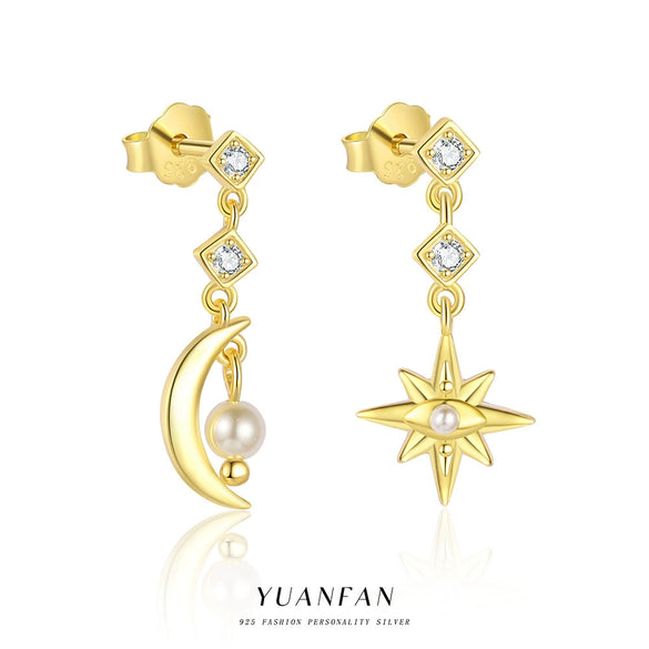 Wholesale Women's S925 Sterling Silver Star Moon Tassel Earrings With Zirconia Design