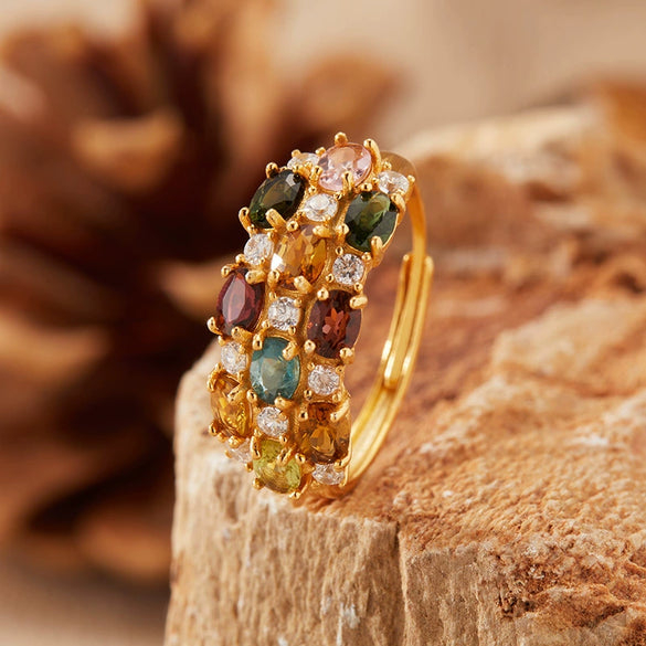Wholesale Women's S925 Sterling Silver Tourmaline Geometric Ring Set With Gems Bohemian Style