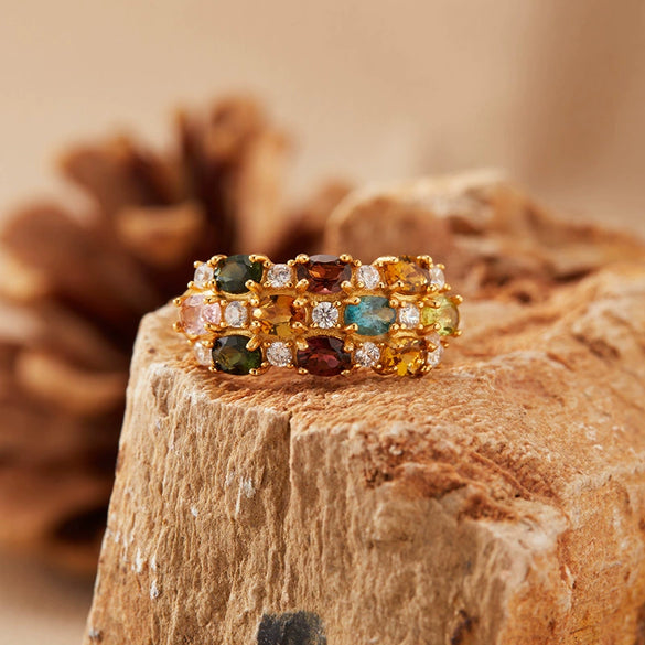 Wholesale Women's S925 Sterling Silver Tourmaline Geometric Ring Set With Gems Bohemian Style
