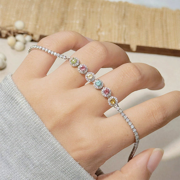 Wholesale Women's S925 Sterling Silver Tourmaline Geometric Sweet Style Colored Gemstone Bracelet Set With Gemstones