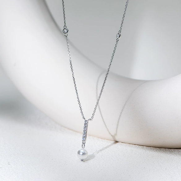 Wholesale Women's S925 Sterling Silver Zircon Geometric Pearl Pendant Necklace With Cross Chain