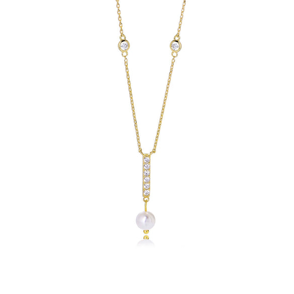 Wholesale Women's S925 Sterling Silver Zircon Geometric Pearl Pendant Necklace With Cross Chain