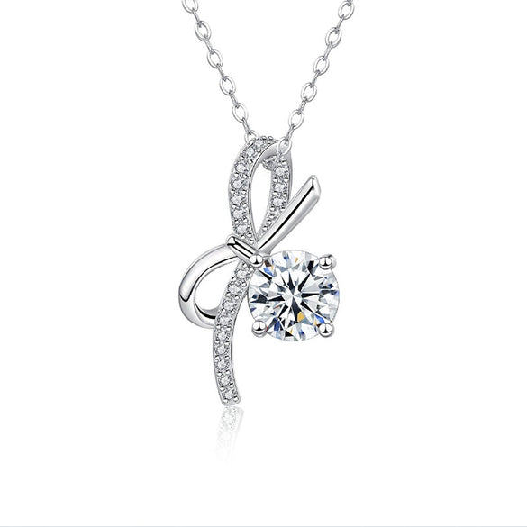 Wholesale Women's Silver Bow Pendant Diamond Necklace With Electroplating Light Luxury Design