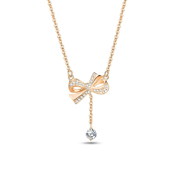 Wholesale Women's 925 Silver Bow Zircon Tassel Collarbone Necklace With Geometric Pattern And Diamond Treatment