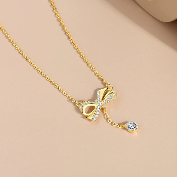 Wholesale Women's 925 Silver Bow Zircon Tassel Collarbone Necklace With Geometric Pattern And Diamond Treatment