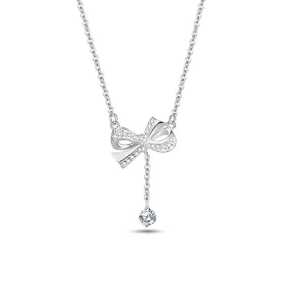 Wholesale Women's 925 Silver Bow Zircon Tassel Collarbone Necklace With Geometric Pattern And Diamond Treatment