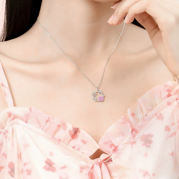 Wholesale Women's 925 Silver Butterfly Wreath Geometric Style Clavicle Chain With Powder Zirconium Jewelry