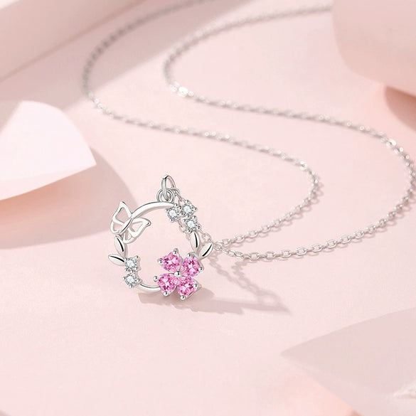 Wholesale Women's 925 Silver Butterfly Wreath Geometric Style Clavicle Chain With Powder Zirconium Jewelry