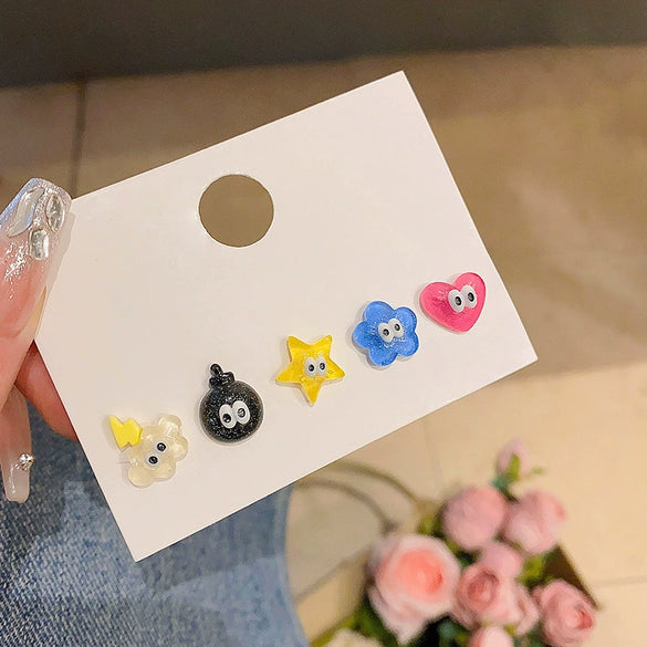 Wholesale Women's 925 Silver Cartoon Earrings Set With Resin Heart And Star Elements Electroplated