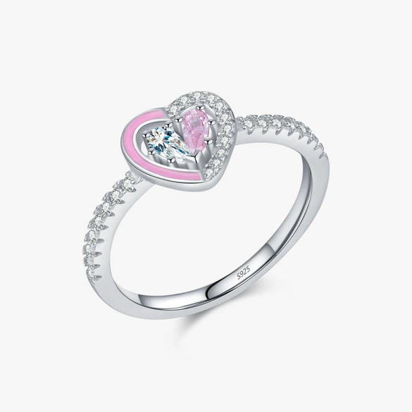 Wholesale Women's 925 Silver Cute Heart Shape Ring With Pink Enamel And Double Diamond Stitching