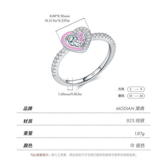 Wholesale Women's 925 Silver Cute Heart Shape Ring With Pink Enamel And Double Diamond Stitching